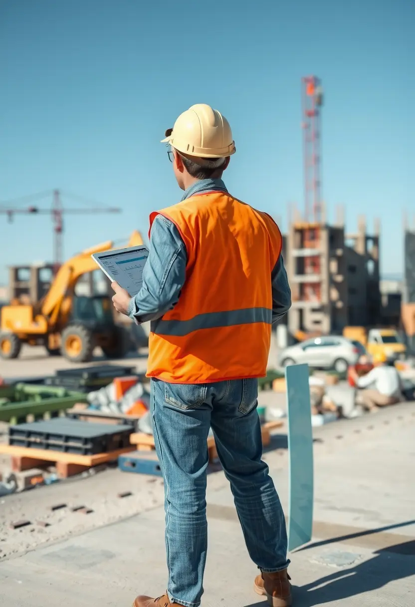 A close-up of a construction worker in safety gear looking at a tablet on a construction site, with machinery and workers in the background, emphasizing the management of construction projects.