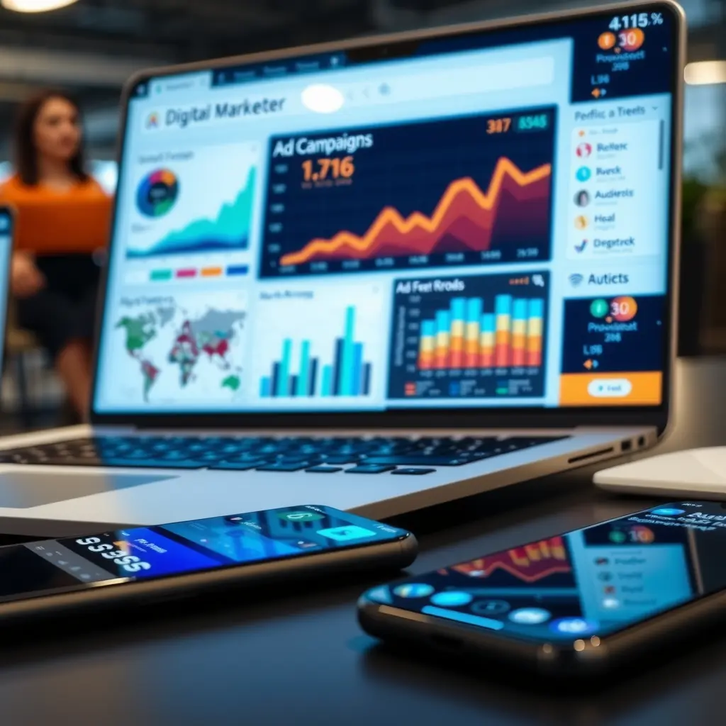 A close-up of a marketer's desk with a glowing laptop screen displaying digital marketing analytics, including graphs, ad campaign dashboards, and audience heatmaps.