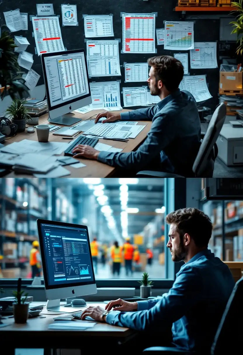 Visual of moving from error-prone spreadsheets to precise ERP, improving finance and operations.