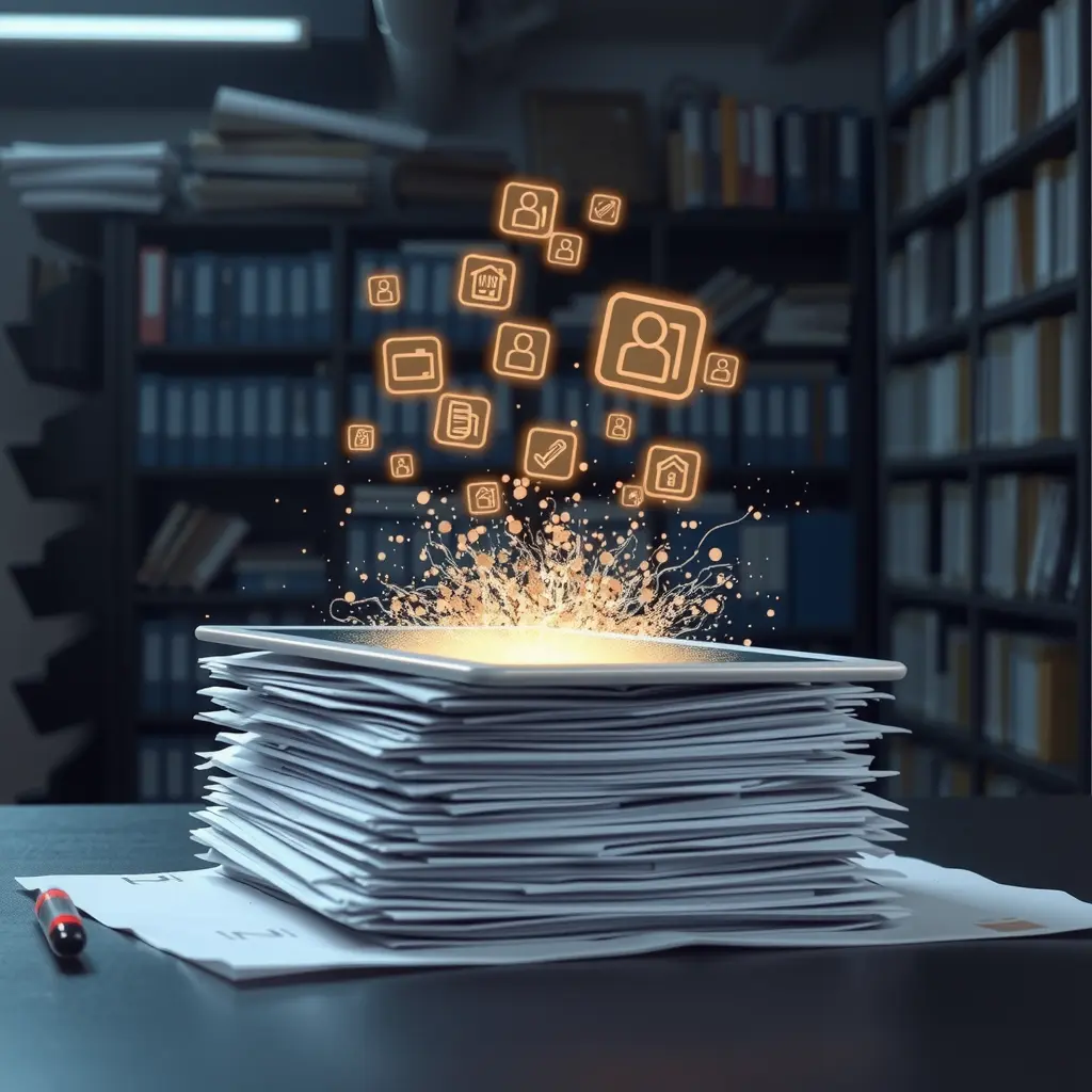 A cinematic close-up of a hand scrolling through a digital document management system on a touchscreen, with organised files and glowing category tags, and physical documents blurred in the foreground.