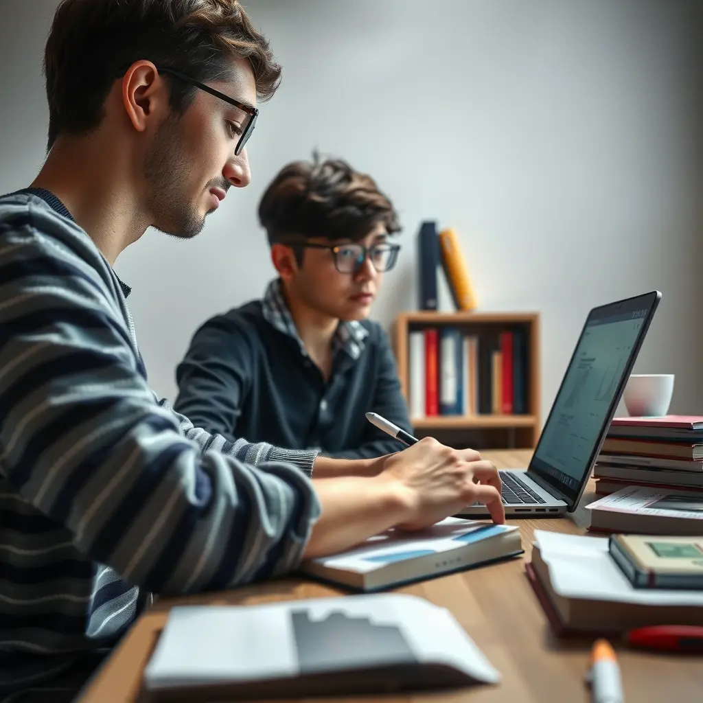 A simple close-up of a student sitting at a desk with books, taking notes on a notepad while looking at a laptop screen, emphasizing an accessible and focused eLearning environment.