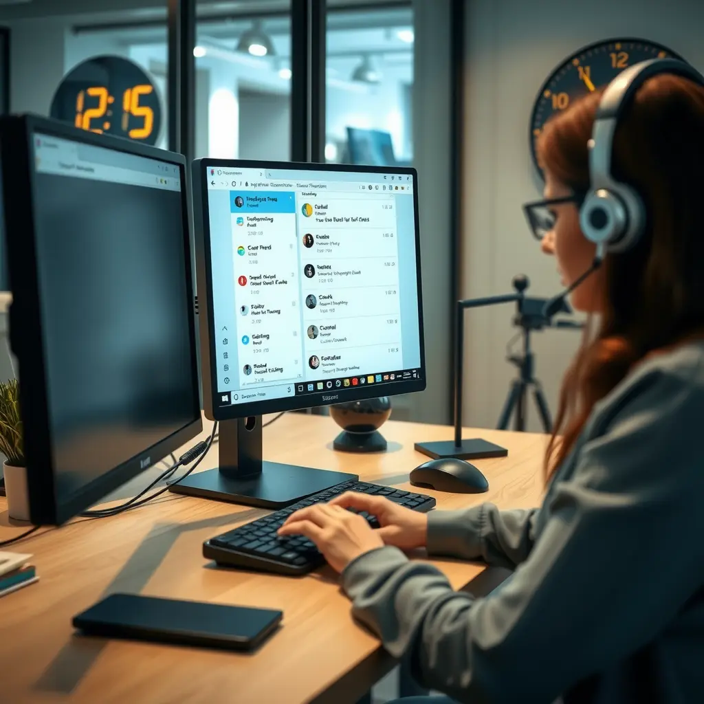 A close-up of a helpdesk professional wearing a headset, typing on a keyboard while monitoring a computer screen showing support tickets and customer inquiries, with a calm, organized office environment in the background.