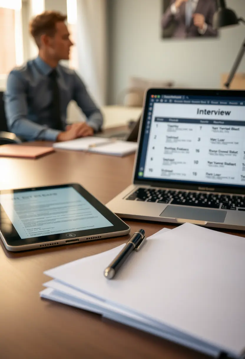 A close-up of a recruiter reviewing resumes on a laptop screen, with a stack of resumes and interview notes visible on the desk, highlighting the HR process of hiring and candidate management.