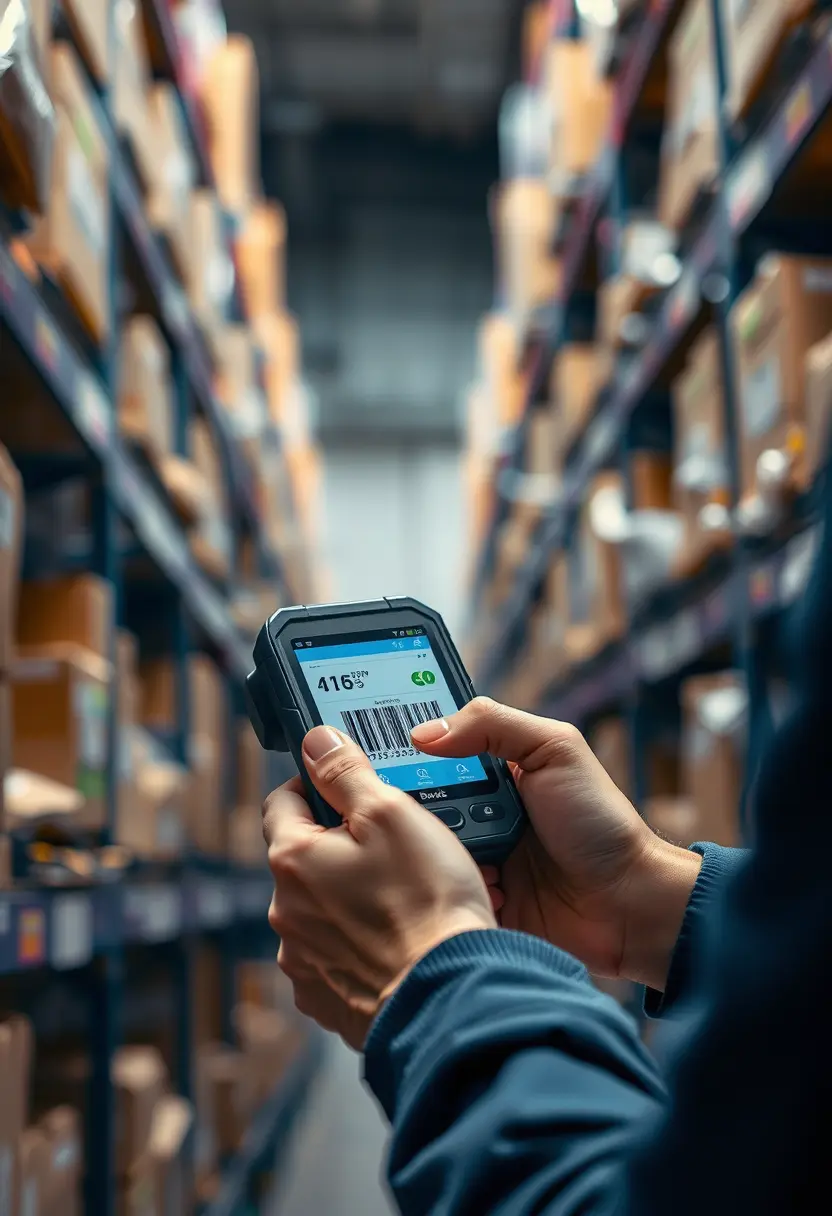 A close-up of a barcode scanner in use by a worker, scanning a product label, with an inventory management screen showing stock levels and product locations in the background.