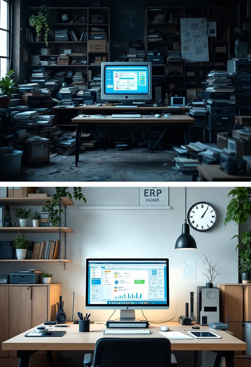 Visual of outdated software vs. modern ERP, showcasing improved efficiency and innovation.