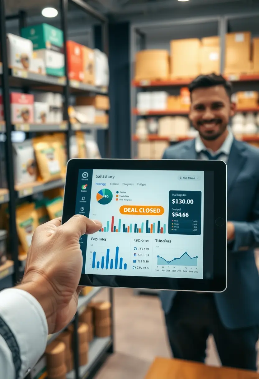 A cinematic close-up of a salesperson holding a tablet showing real-time sales data, performance charts, and deal pipelines, with a sales manager in the background shaking hands with a customer.